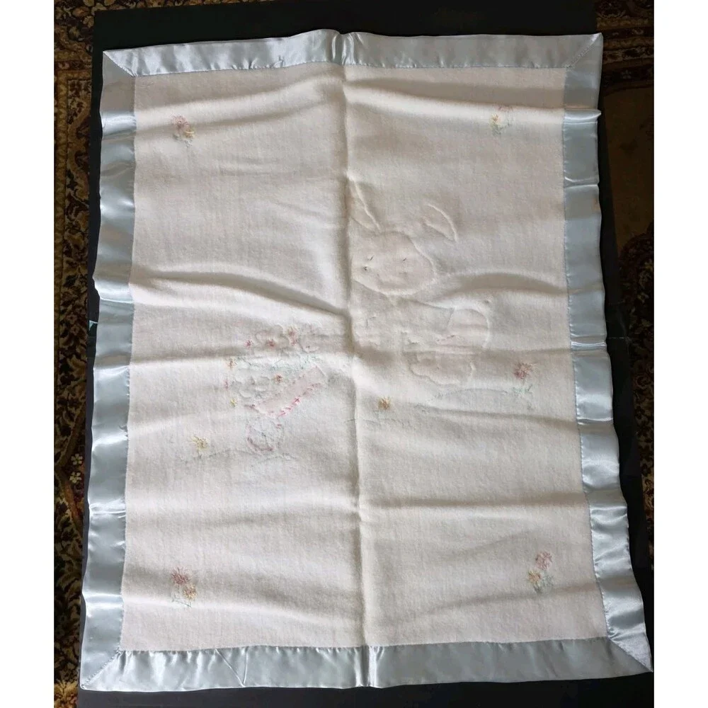 Vtg Hand Made Baby Blanket Bunny Rabbit Flower Satin Trim Applique Pink Blue